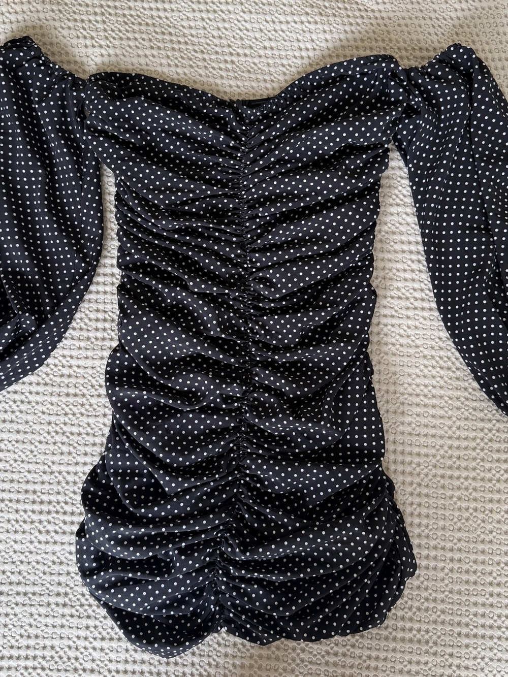 Black Polka Dot Ruched Mini Dress - Brand